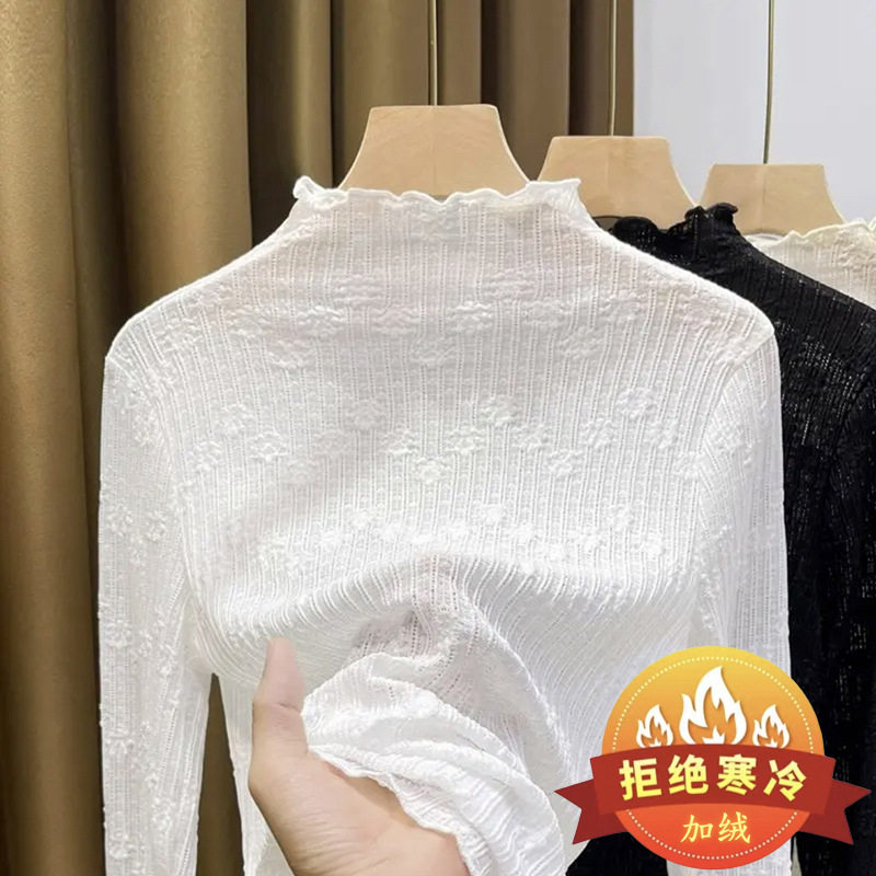 冬季加绒半高领蕾丝打底衫女2026新款内搭加厚上衣漂亮保暖蕾丝衫