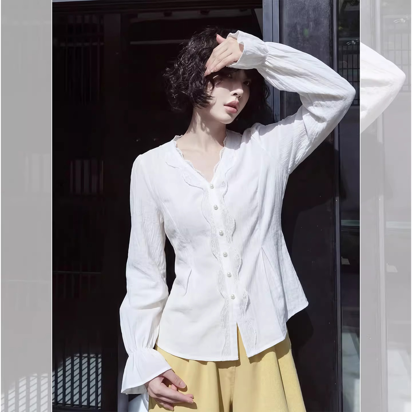 大码女装胖MM蕾丝长袖衬衫女春季