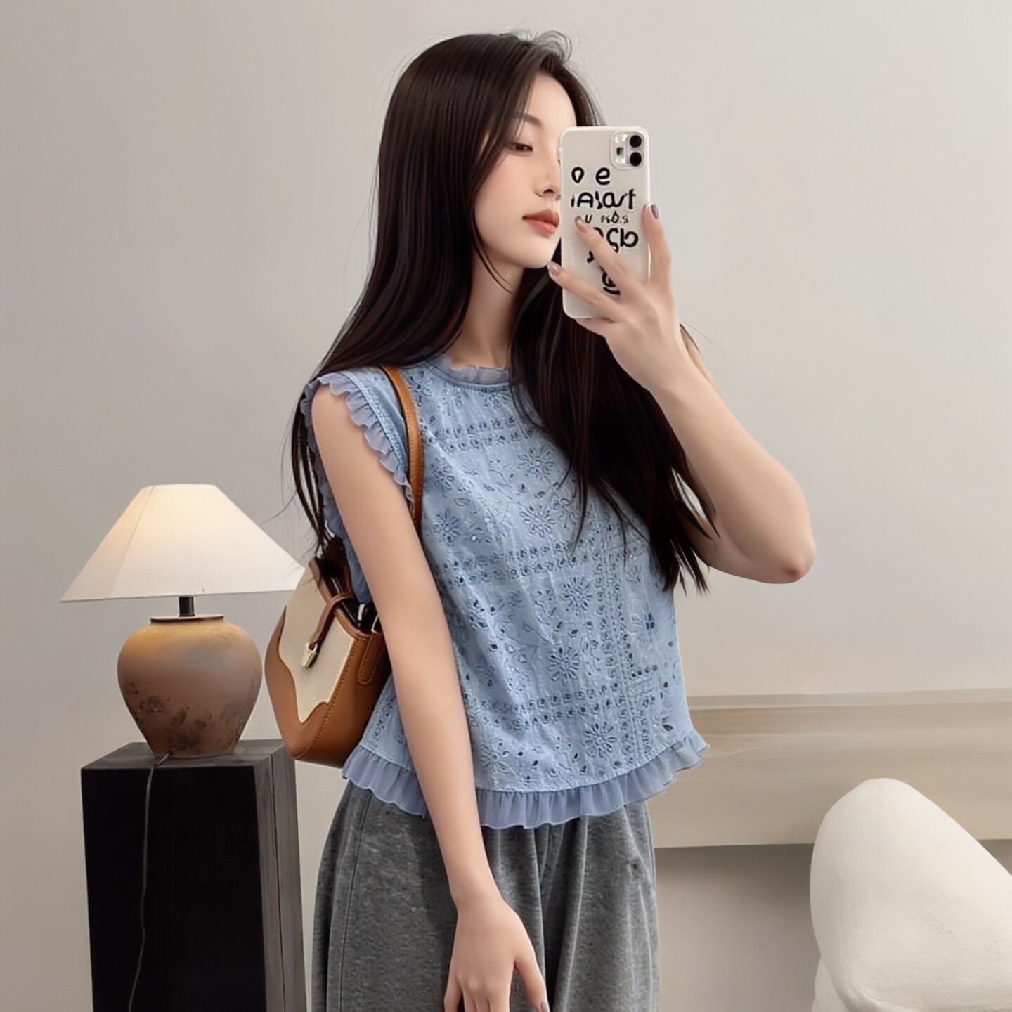 木耳边花朵刺绣无袖上衣女夏季宽松遮胯温柔气质显瘦百搭短袖上衣