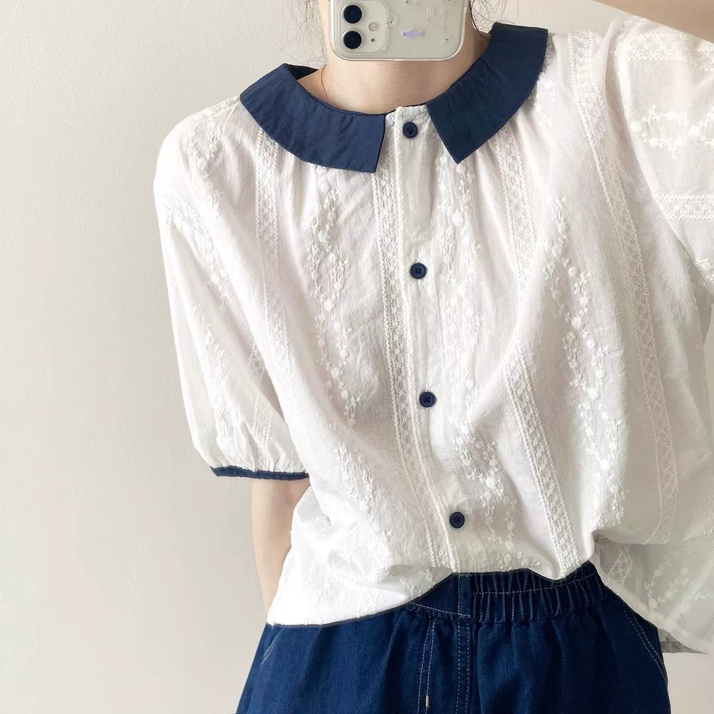 夏季新款娃娃领短袖通勤显瘦衬衫