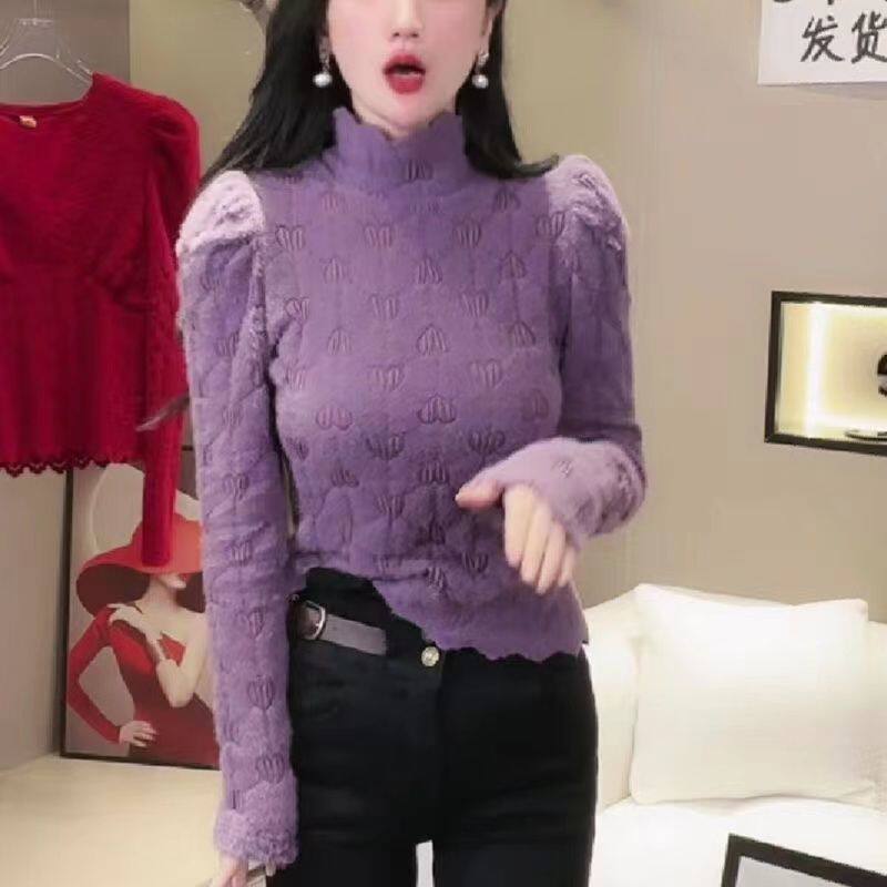 秋冬半高领磨毛蕾丝时尚打底衫潮
