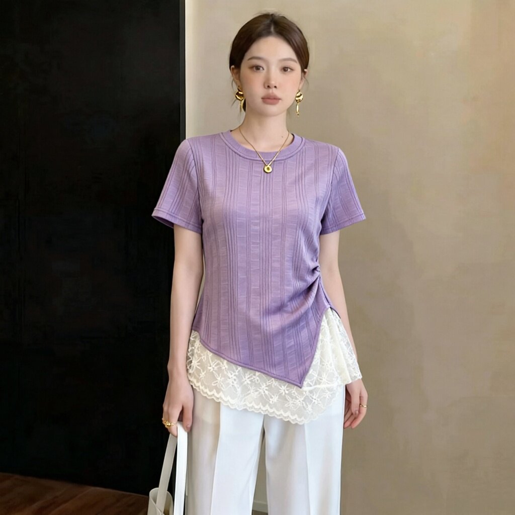 侧抽绳不规则拼接蕾丝短袖女夏季温柔显瘦减龄百搭新款假两件上衣