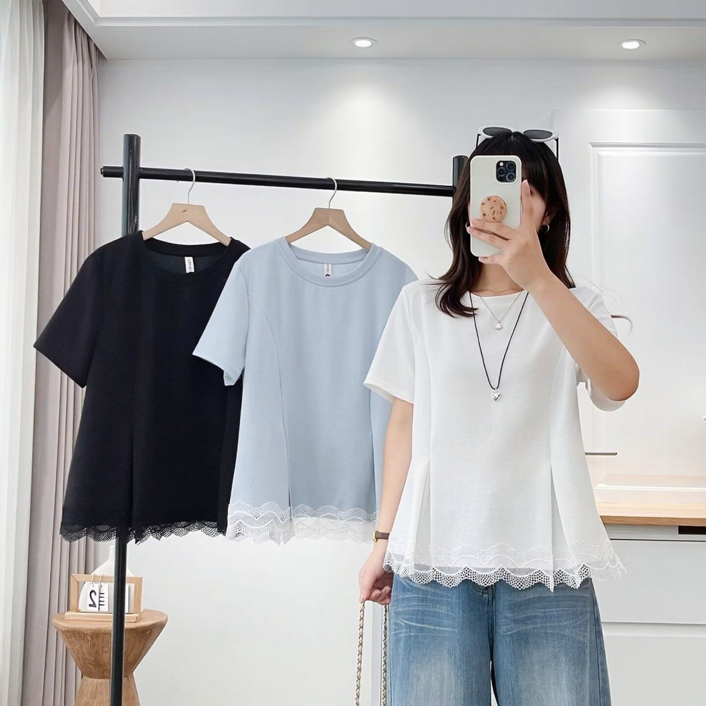 法式拼接蕾丝短袖女夏季新款休闲宽松显瘦时尚百搭胖MM大码上衣潮