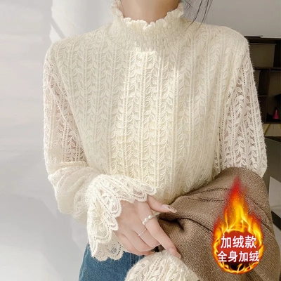 半高领磨毛加绒蕾丝打底衫女秋冬