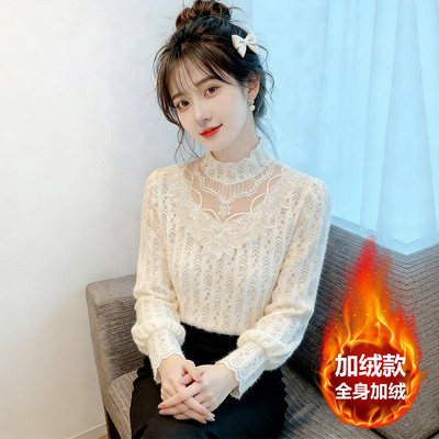 秋冬新款加绒蕾丝衬衫女气质百搭