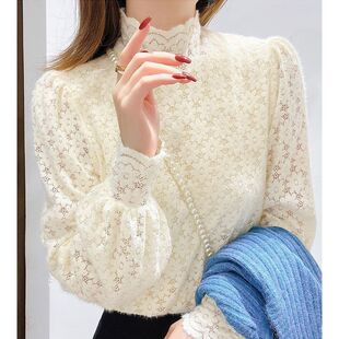 2025秋冬新款蕾丝加绒打底衫洋气内搭半高领磨毛外穿加厚长袖上衣