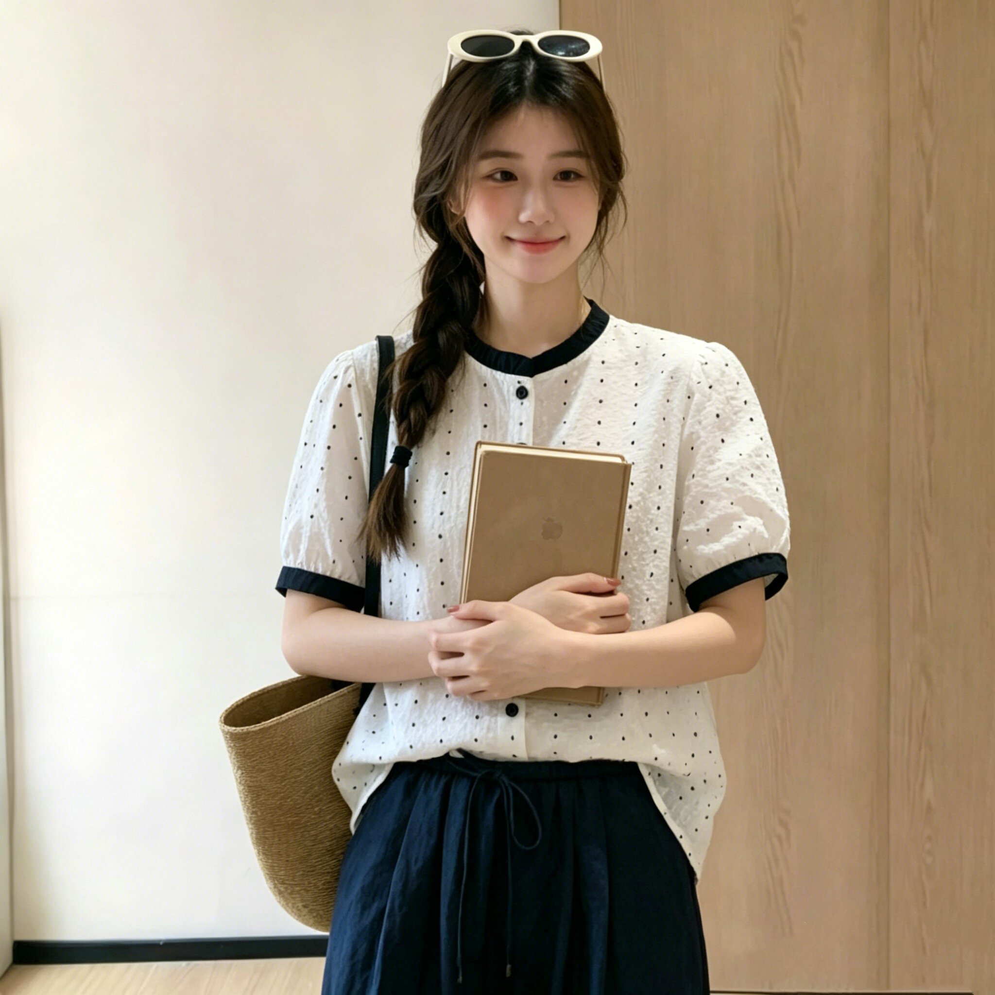 波点泡泡袖短袖衬衫女夏季宽松遮胯减龄温柔气质显瘦百搭防晒上衣