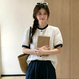 波点泡泡袖短袖衬衫女夏季宽松遮胯减龄温柔气质显瘦百搭防晒上衣
