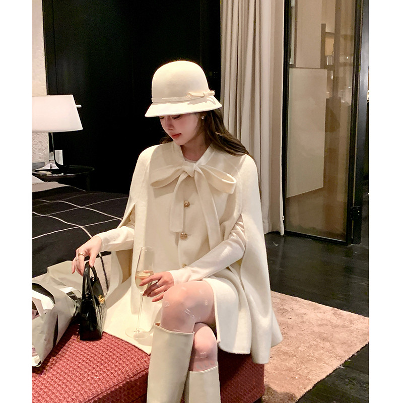 2024新款韩版双面呢子大衣魔女斗篷秋冬加厚立领蝴蝶结毛呢短外套