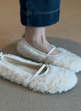 暖暖的温和~玛丽珍鞋女白色一脚蹬平底芭蕾舞保暖加绒毛毛豆豆鞋