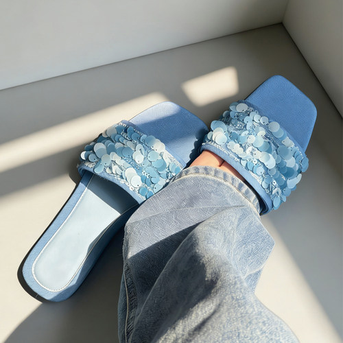 升级版~2026夏季装饰一字拖女外穿亮片时尚防滑软底蓝色凉拖鞋