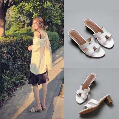 赵露思同款一字拖女夏季外穿粗跟白色简约度假沙滩百搭h凉拖鞋女