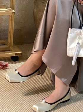 单鞋女款配裙子温柔风方头芭蕾舞鞋女珍珠缎面玛丽珍鞋软底平底鞋