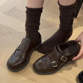 2026春季 通勤 单鞋 双扣带小皮鞋 女英伦风布洛克雕花圆头厚底乐福鞋