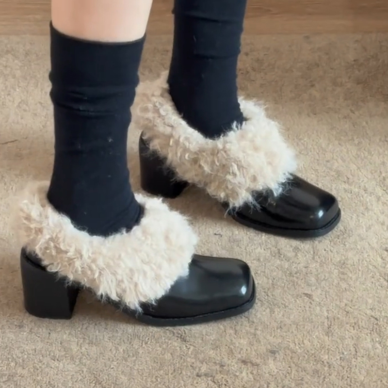 羊皮版方头粗跟乐福鞋女法式复古高跟保暖卷毛加绒毛毛小皮鞋单鞋