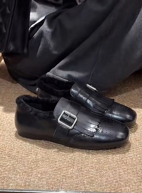 羊皮版流苏乐福鞋女轻薄复古抛光加绒平底一脚蹬皮带扣小皮鞋单鞋