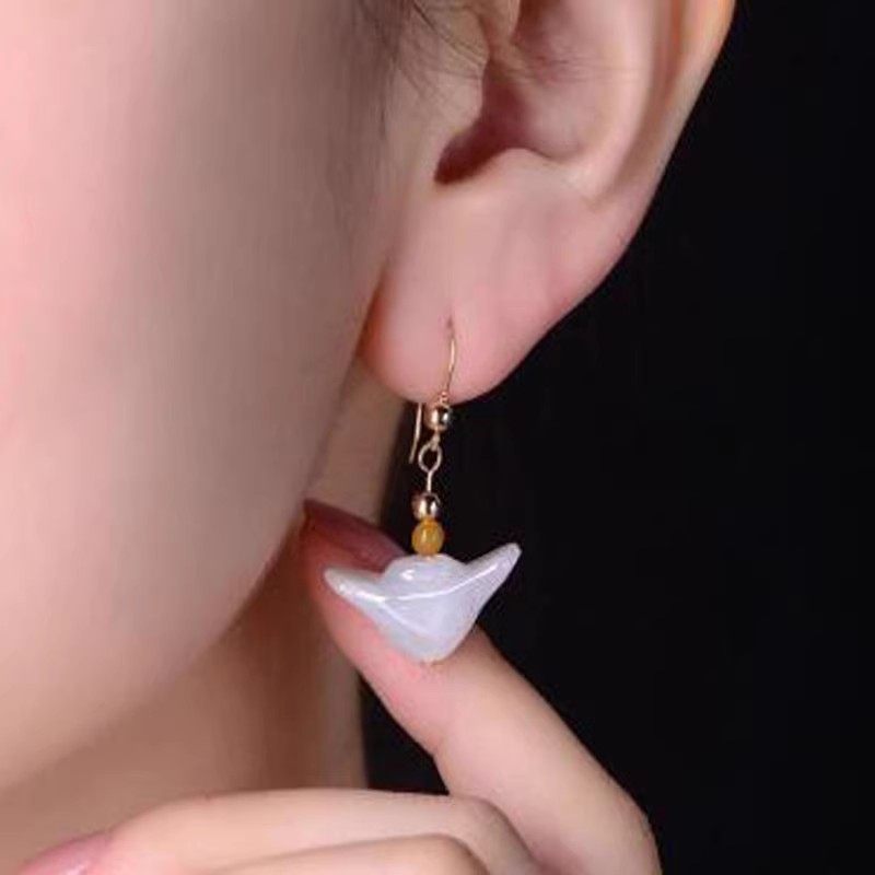 天然玉石玉耳环翡翠耳坠A货元宝耳环玉石金元宝耳饰清仓925银耳线