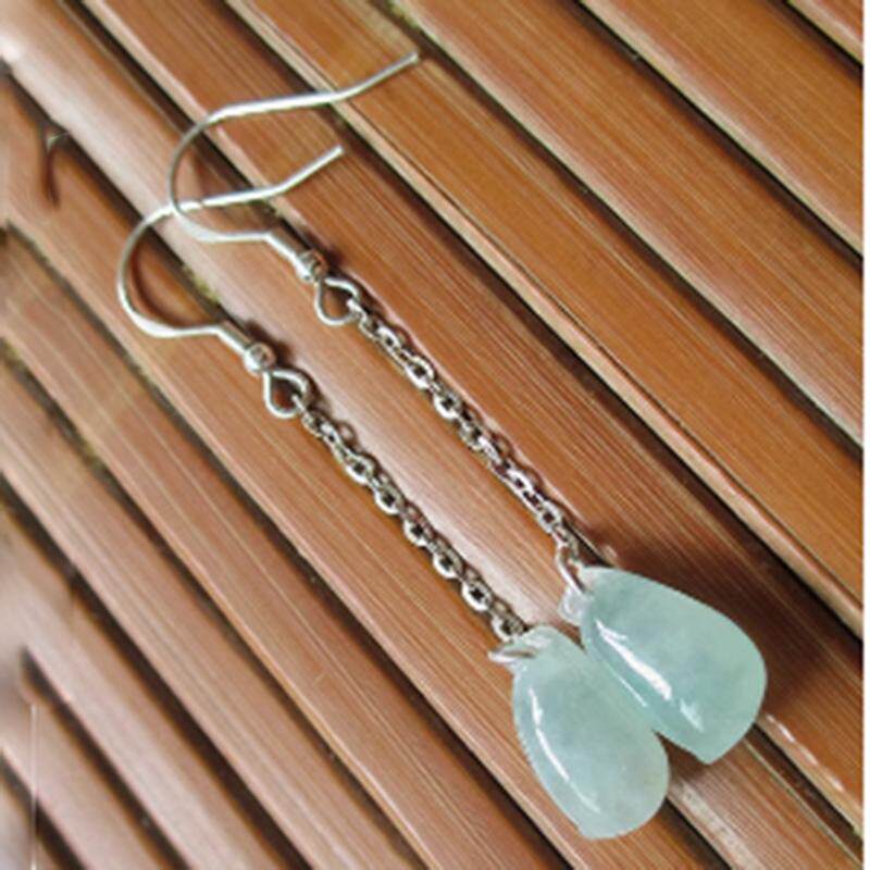 缅甸老坑天然翡翠A货耳环耳坠冰种福瓜925纯银镶嵌女耳饰耳线饰品