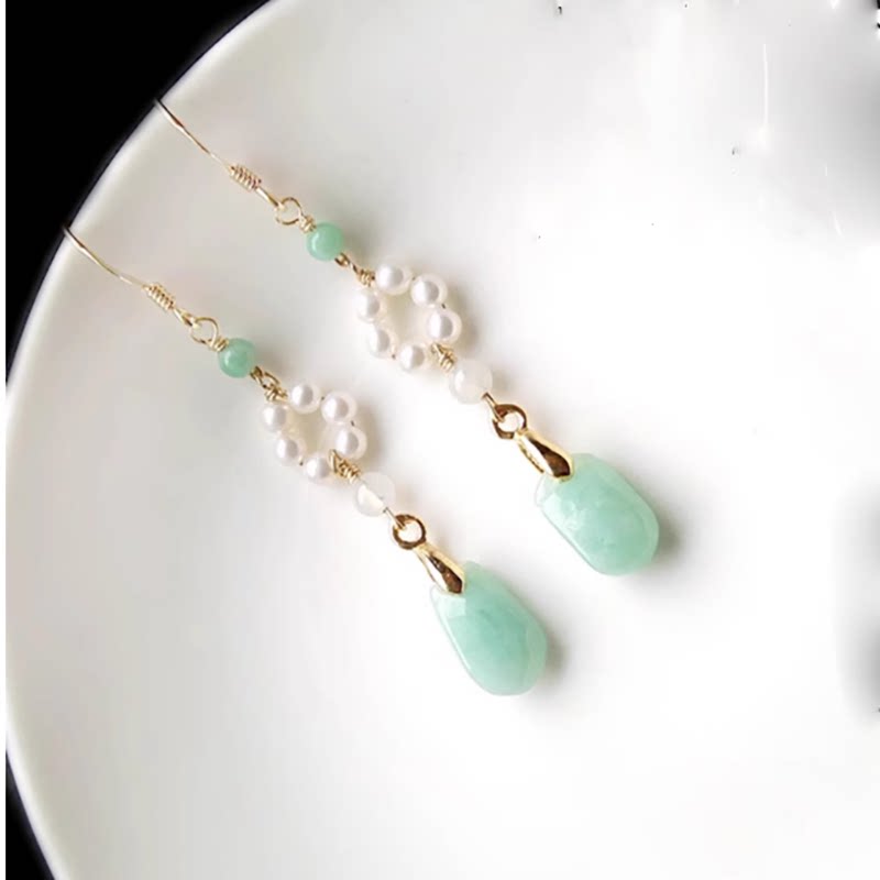 天然A货翡翠阳绿耳环钱袋耳坠S925银耳线淡绿色冰种玉石福袋耳饰