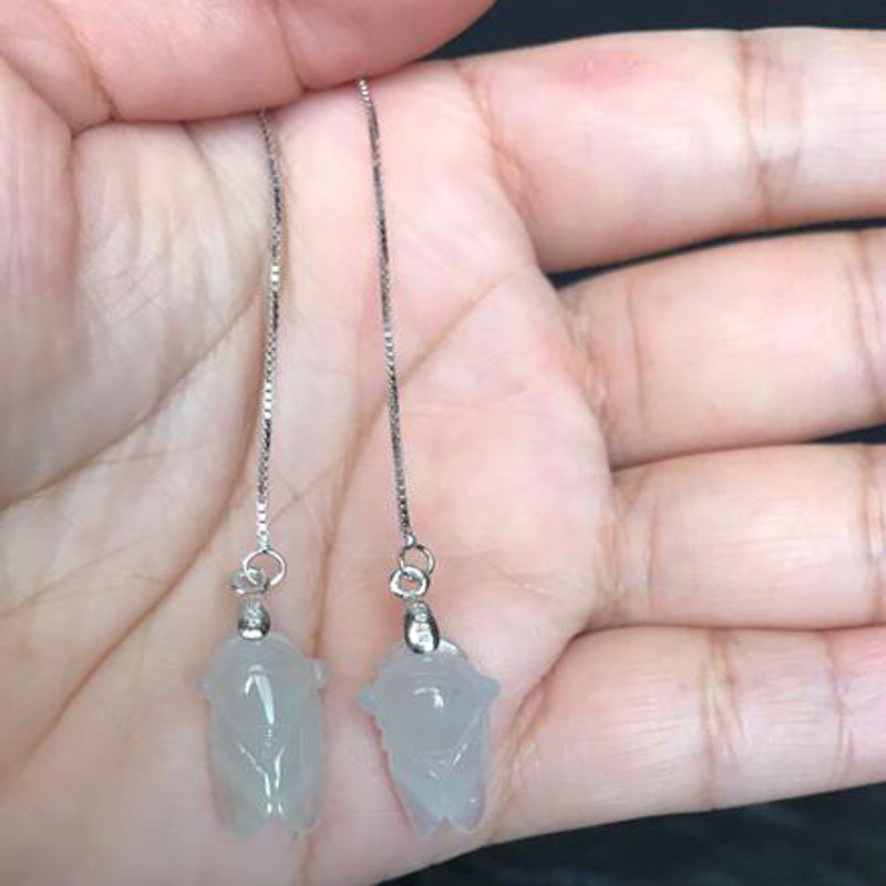 翡翠耳环耳坠a货冰种金蝉耳饰925银镶嵌耳线缅甸天然玉石知了耳钉