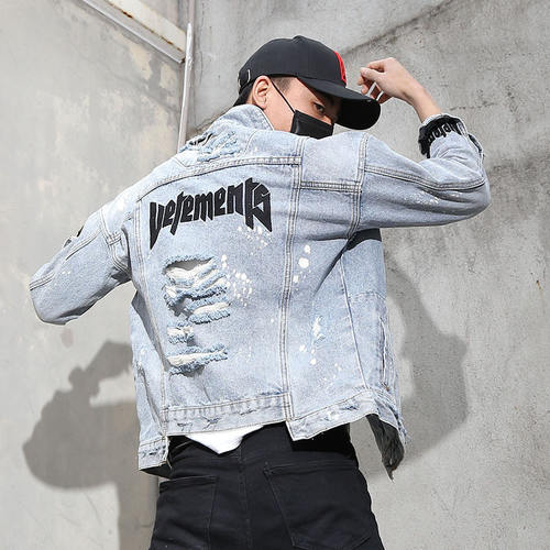 高街做旧破洞牛仔外套男潮牌印花休闲夹克春秋季美式痞帅上衣褂子