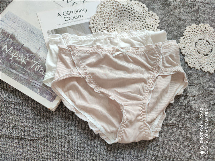 日系女士荷叶边三角内裤全棉档透气弹力包臀甜美纯色螺纹人棉中腰