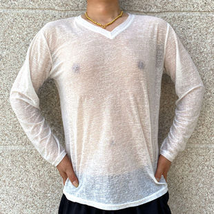 慵懶風冰絲長袖 鏤空針織防曬罩衫 性感半透V領打底衫 t恤男2024薄款