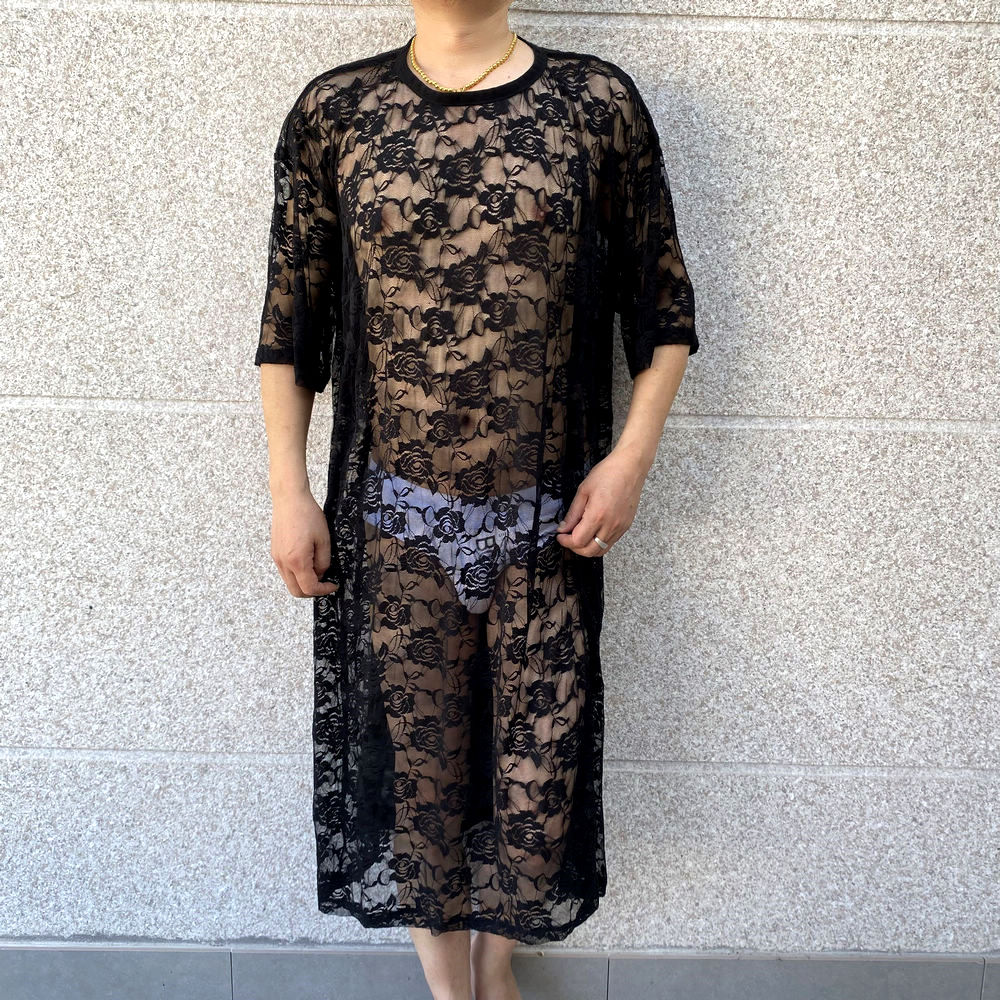 男士性感镂空玫瑰花长款浴袍睡袍