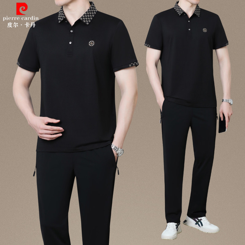皮尔卡丹爸爸夏装短袖长裤运动服套装男士休闲中老年父亲夏季衣服