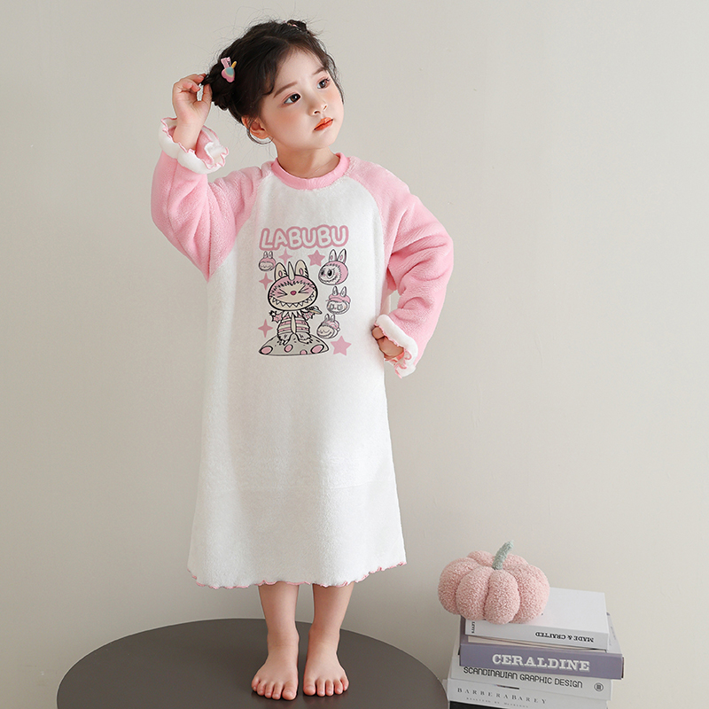 儿童睡衣裙冬季法兰绒卡通珊瑚绒宝宝女孩家居服中大童拉布布睡裙