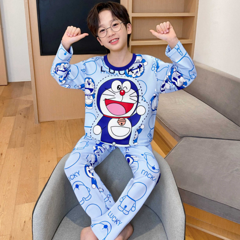 叮当猫哆啦梦春秋季长袖中大男女童薄款睡衣儿童家居服卡通亲子装