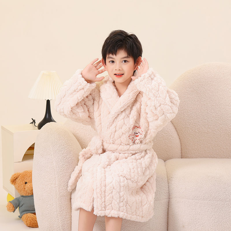 简约款睡袍儿童睡衣秋冬珊瑚绒男女孩卡通法兰绒家居服亲子装浴袍