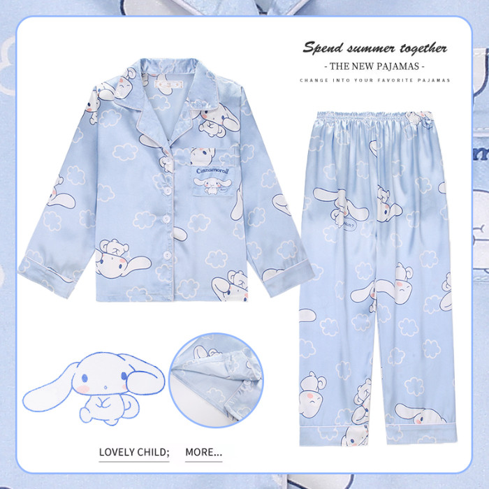 大耳狗可爱女孩春夏儿童冰丝睡衣长袖开衫卡通休闲中小大童家居服