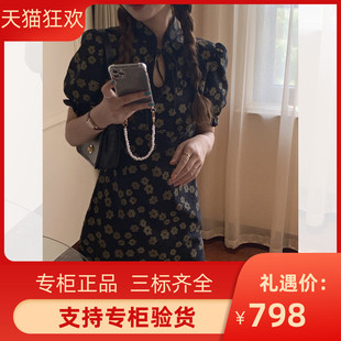 DI DVF藏青色旗袍连衣裙女短款碎花雪纺裙子夏季新款短袖国风复古