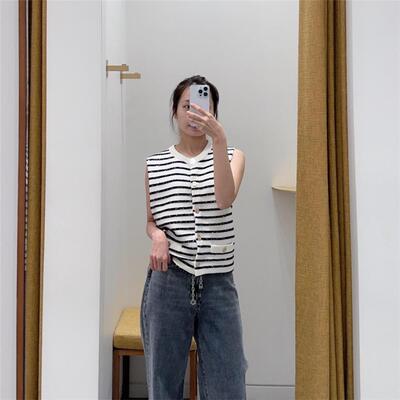 马甲2025早秋新款法式时尚圆领条纹短款针织背心MFPTO01212