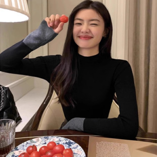 撞色半高领正肩针织衫 设计感内搭气质打底上衣 女秋冬中领毛衣修身