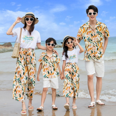 复古港风亲子装夏季衬衫一家三口2025新款潮海边旅游母子母女套装