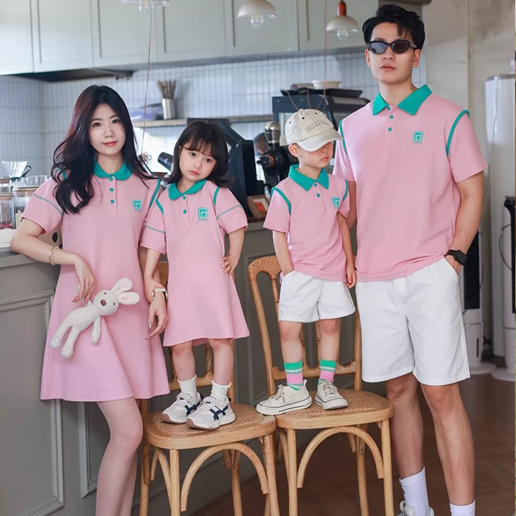 2024夏季新款亲子装一家三口polo衫婴儿爬服短袖洋气母女装连衣裙
