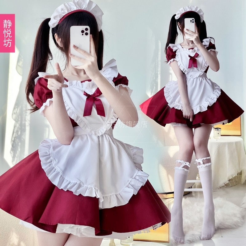 红色女仆装日本爱丽丝可爱软妹Lolita咖啡厅连衣裙洛丽塔女佣服装