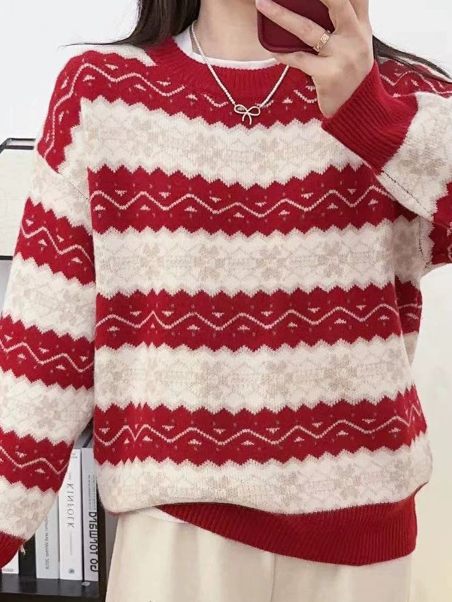 KOREAN GENTLE RED STRIPED KNITTED WOMENS SWEATER PULLOVER WINTER DRESS DESIGN FOREIGN THICKENED BASE LAYER