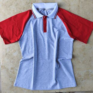 夏季中学生校服短袖浅灰色拼接大红色纯棉宽松T恤班服POLO衫
