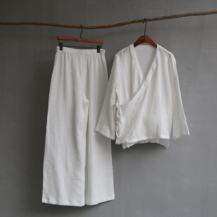 春秋女款宽松棉麻中式交领系带古禅茶服太极瑜伽文艺两件套七分袖