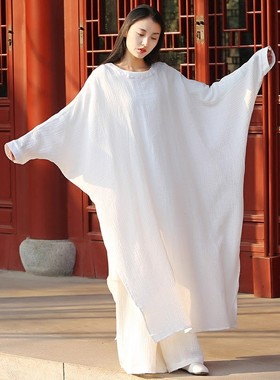 原创禅意国风连衣裙宽松大码女装禅舞服女棉麻白长袍