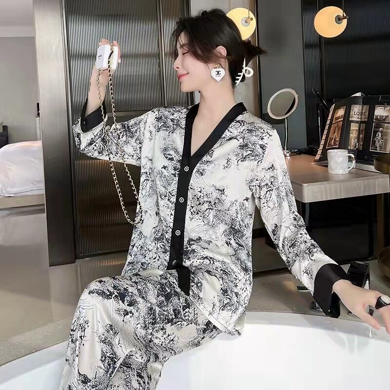 若菲拉女四件套家居服夏国潮水墨画冰丝套装宽松性感复古国风睡衣