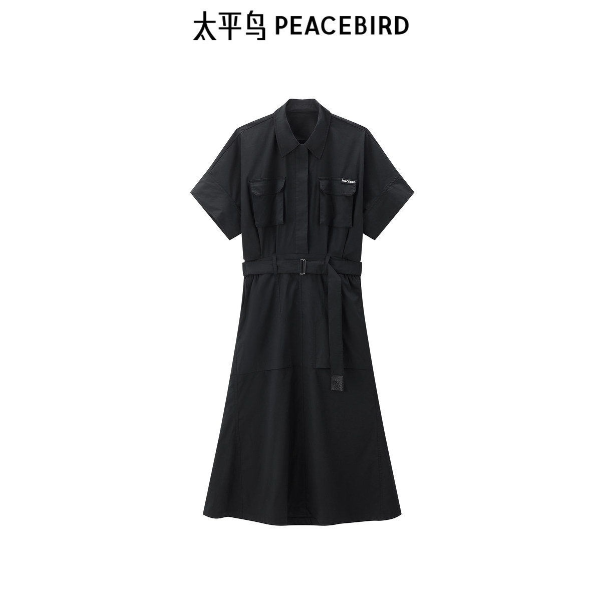 太平鸟翻领连衣裙直筒长款黑色衬衫裙假两件小黑裙收腰