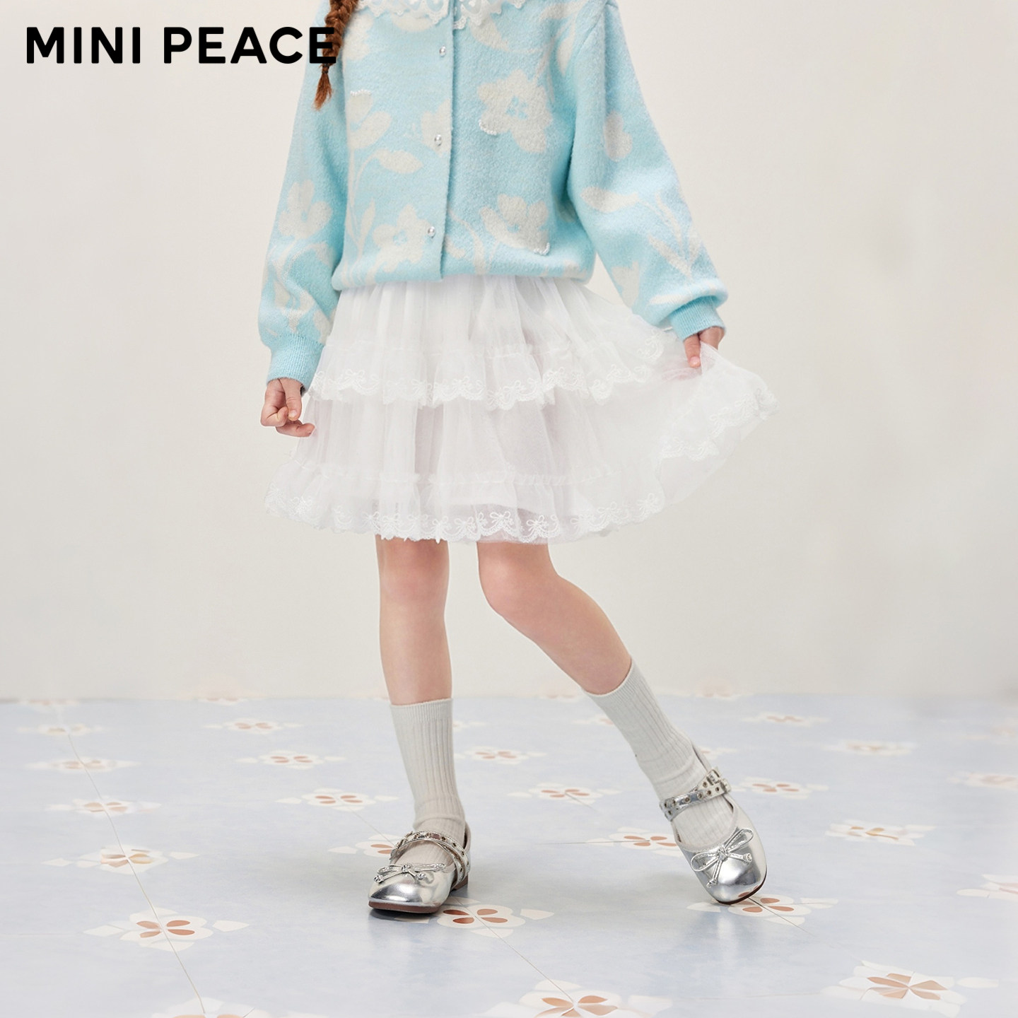 MINIPEACE太平鸟童装女童白色甜美半身裙春季蕾丝边蓬蓬纱短裙