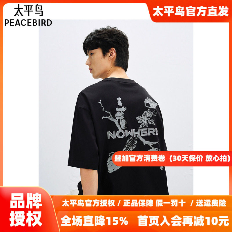 太平鸟男装休闲T恤重磅T恤刺绣印花阔版T恤B2CNF2182