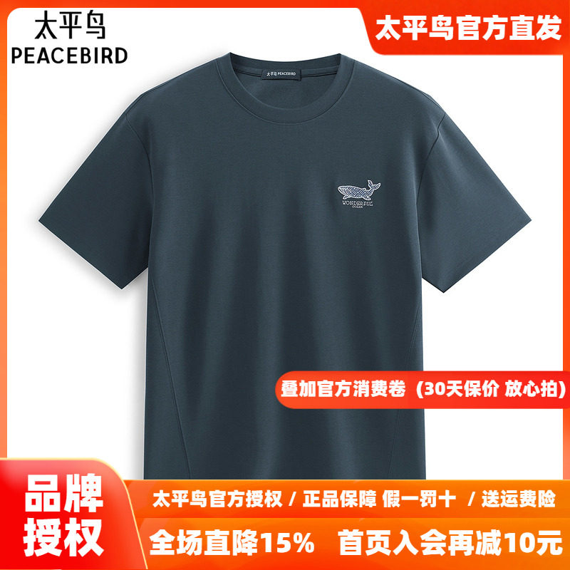 太平鸟男装 休闲T恤重磅刺绣男士下摆开叉圆领短袖体恤男潮