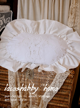 新款法式复古Vintage中古绣花白色亚麻威尼斯蕾丝靠垫靠枕抱枕2