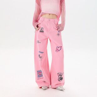 拓谷潮牌多巴胺涂鸦牛仔裤女阔腿2026年春夏欧货宽松直筒街舞裤子